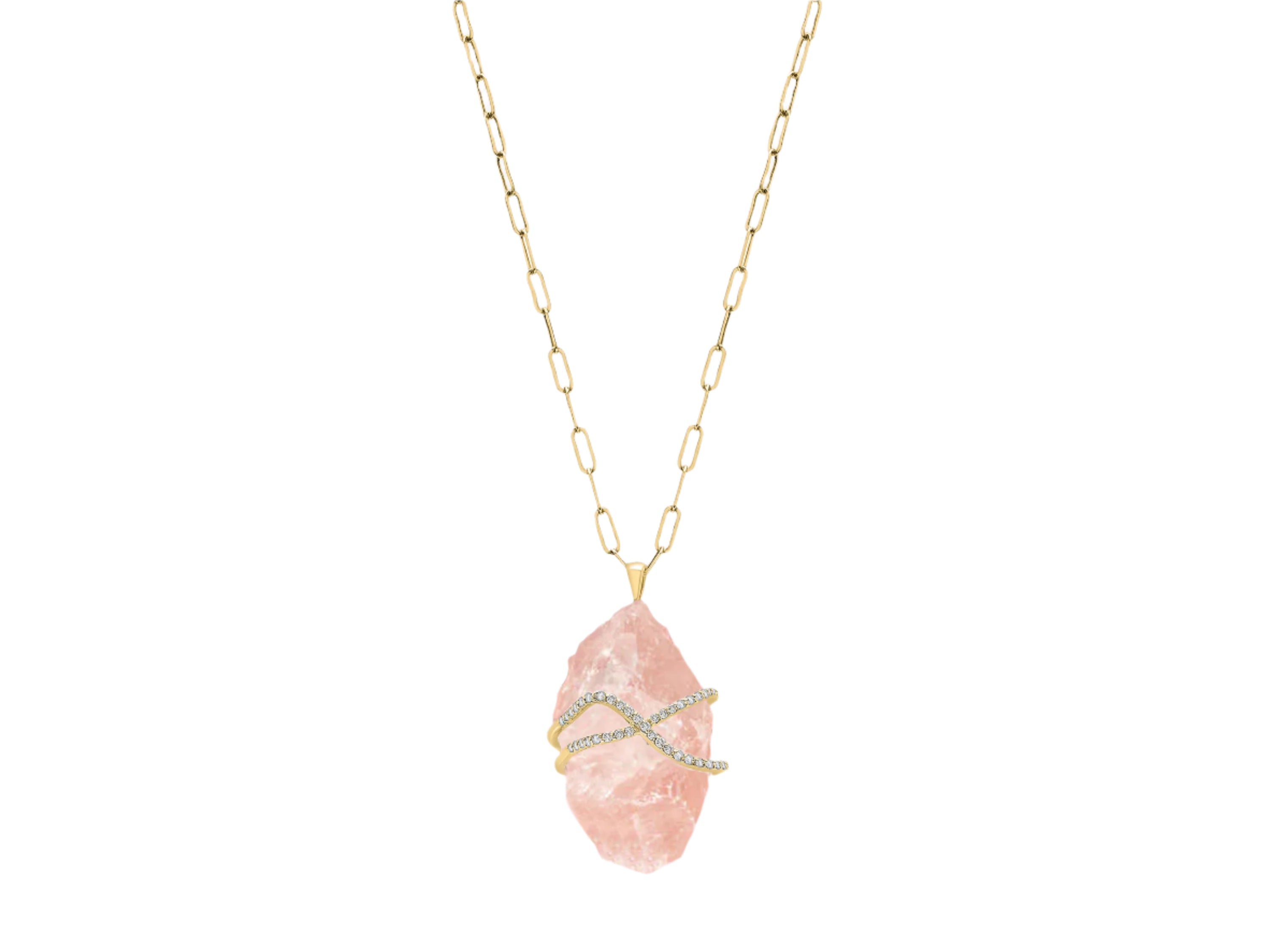 Rock Candy Rose Quartz Gold and Diamond Caged Necklace