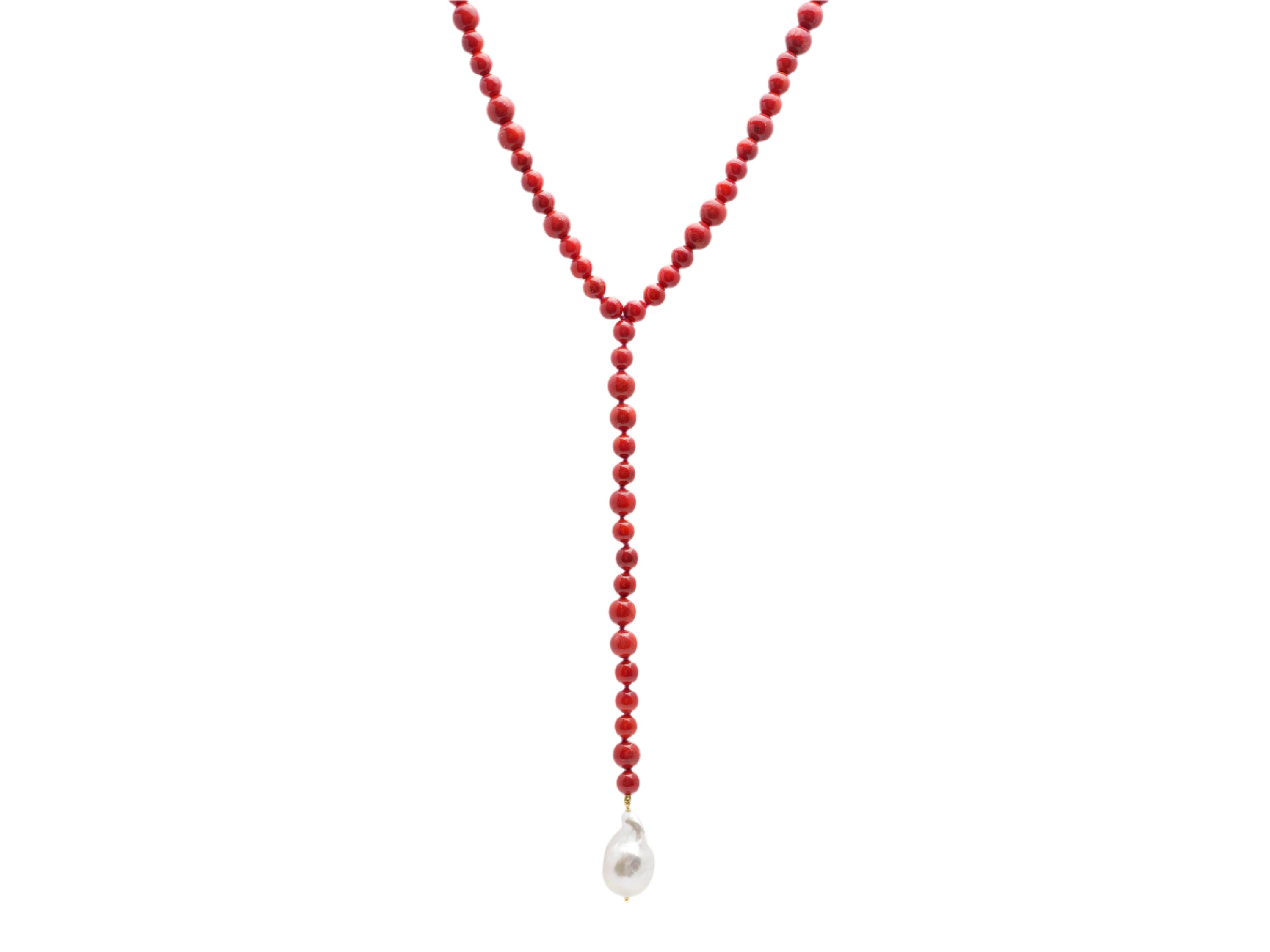 Dyed Red Sea Bamboo Coral and Baroque Pearl Lariat